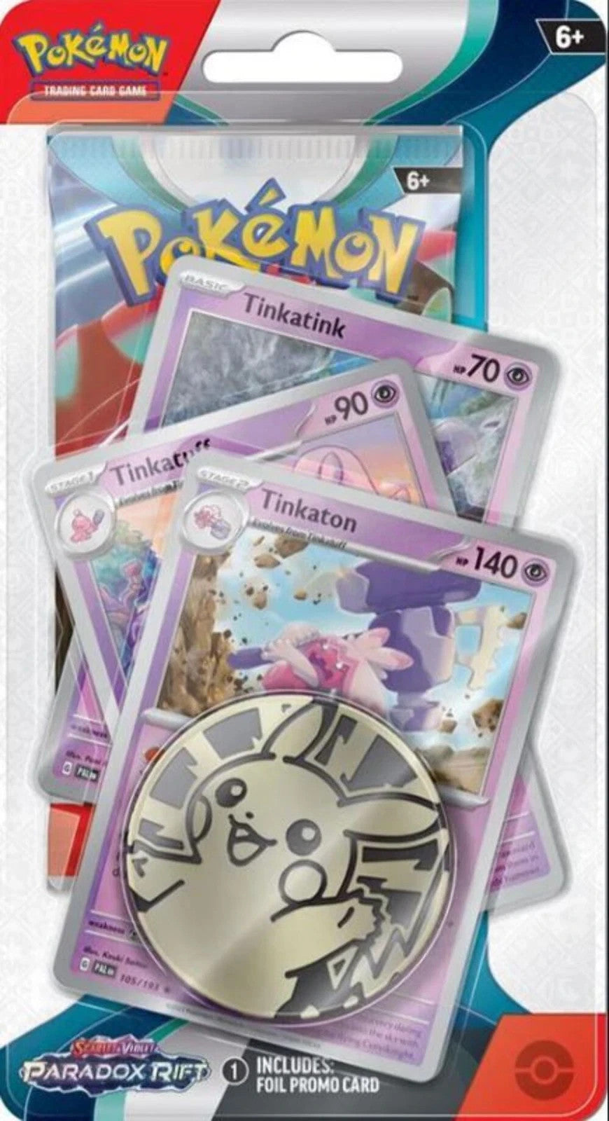 Pokemon TCG Paradox Rift Tinkaton 3 Card Blister Pack + Pikachu Coin