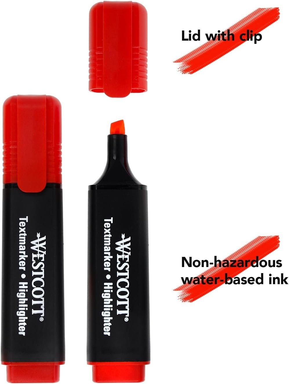 Westcott Red Highlighter Pens 10 Pack Chisel Tip Water Based 2-5mm Marker
