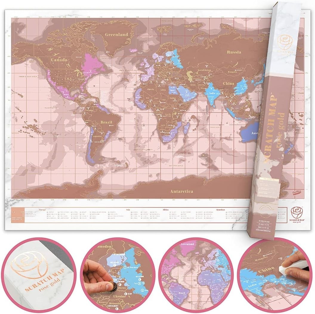 Luckies Scratch Map Rose Gold World Travel Map Scratch Off Poster Gift A2