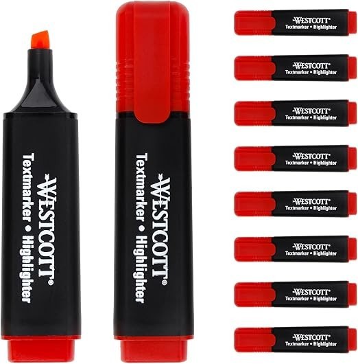 Westcott Red Highlighter Pens 10 Pack Chisel Tip Water Based 2-5mm Marker